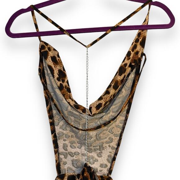 Mini Animal Print Exotic Dancer Dress Women's Small Brown Backless Chain Sexy - Picture 9 of 15